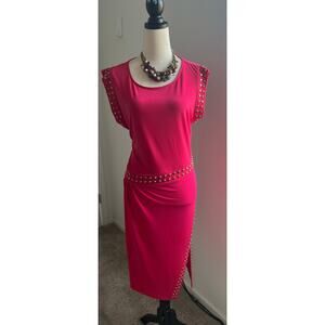 NWT Michael Kors Deep Pink Astor Studded Side Slit Short Sleeve MIDI Dress 1X